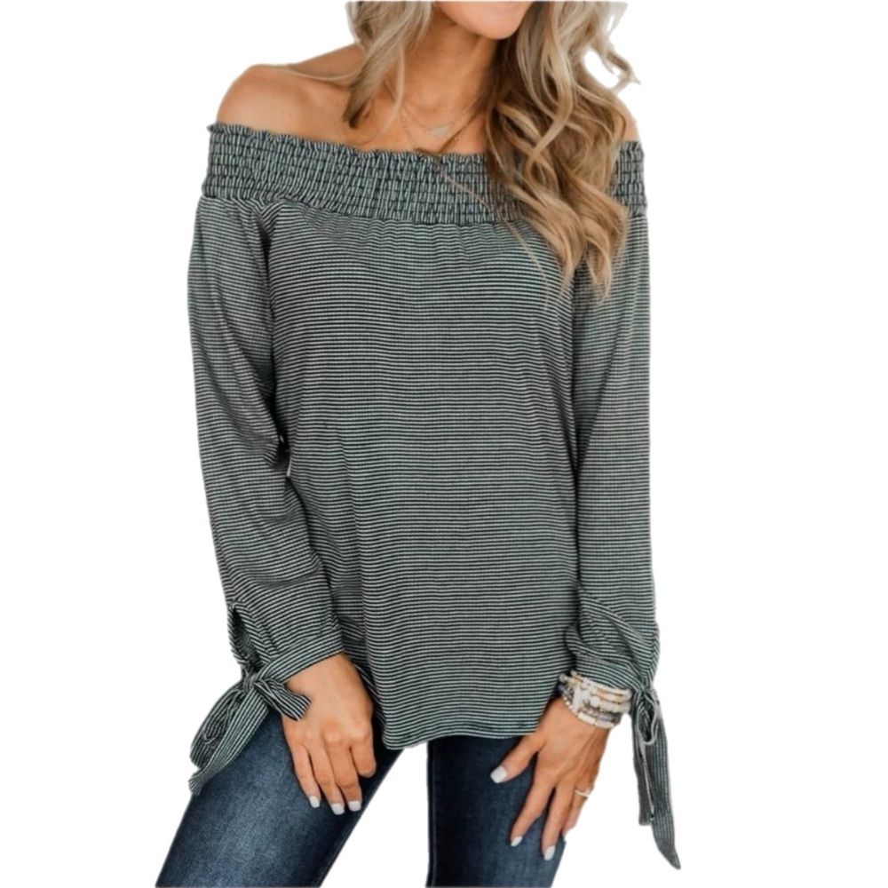 NWT Black White Off Shoulder Striped Top M | Boutique Boho Summer Blouse